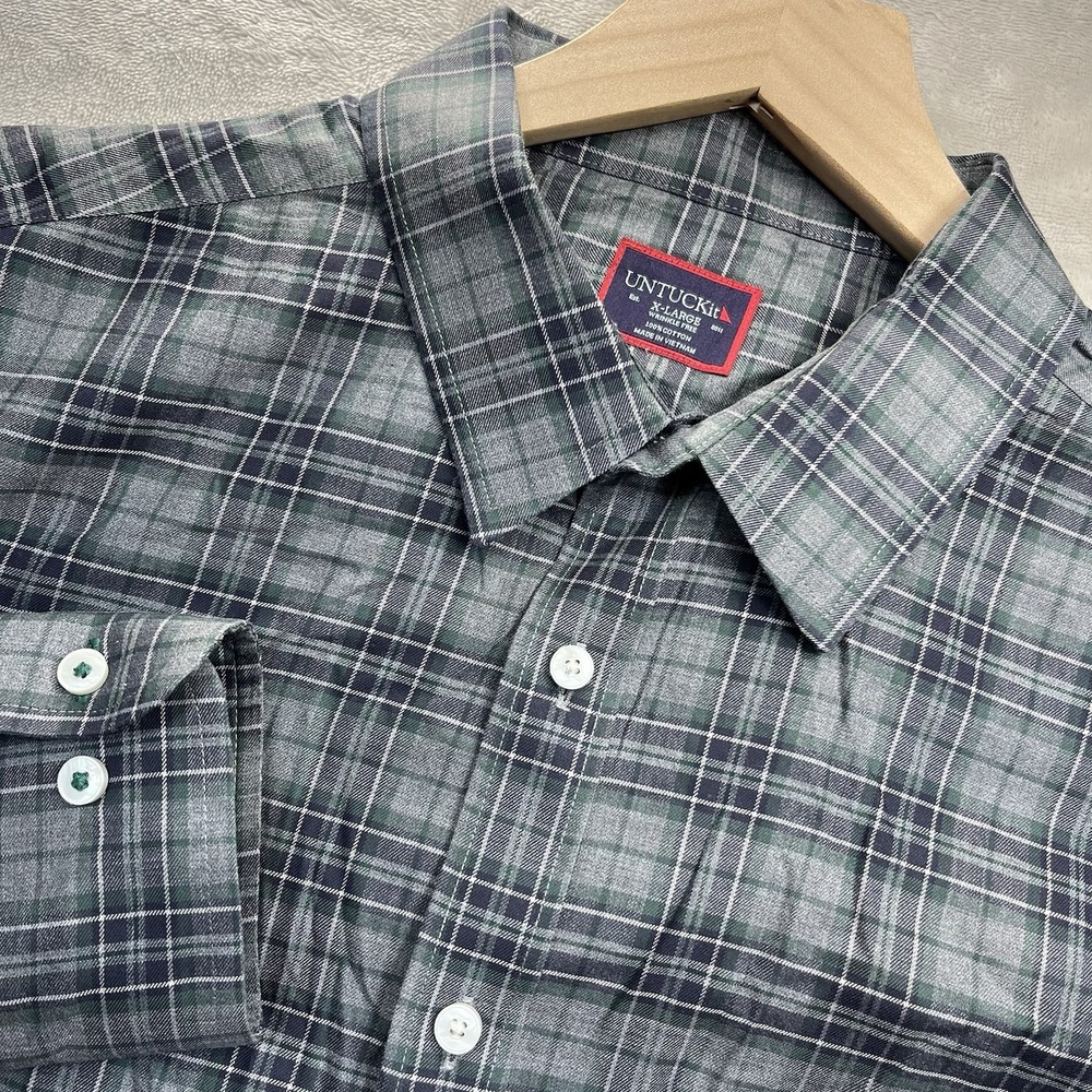 UNTUCKit Devitt WF Mens XL Gray Green Plaid Long Sleeve Button Front Shirt